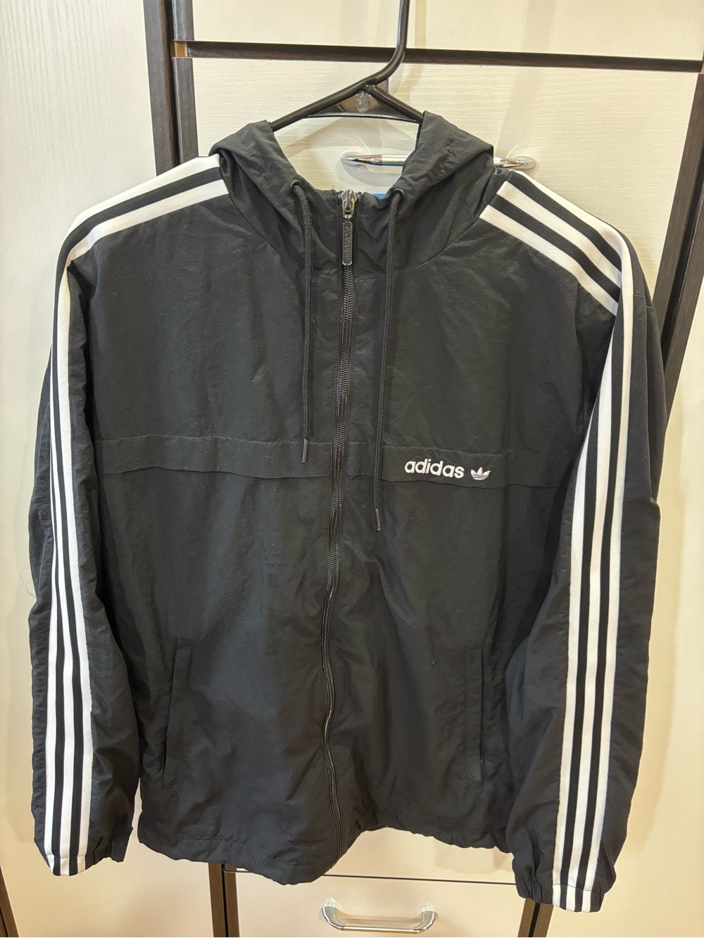 adidas Black Windbreaker Jacket with White 3-Stripes